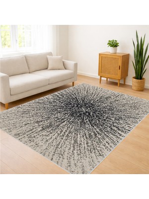Açık Gri Zeminli Dairesel Desenli Salon Halısı Yıkanabilir Toz Tutmaz Kaymaz Tabanlı - SM-262
