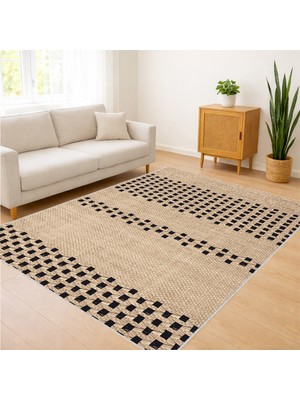 Bej Zeminli Nokta Desenli Modern Salon Halısı Yıkanabilir Toz Tutmaz Kaymaz Tabanlı - Sm-05