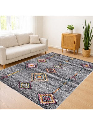 Gri Zeminli Renkli Geometrik Motifli Salon Halısı Antialerjik Kaymaz Tabanlı Enerjik Stil - Sm-25