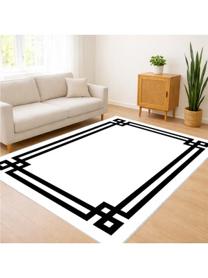 Beyaz Zeminli Siyah Çerçeveli Modern Salon Halısı Yıkanabilir Toz Tutmaz Kaymaz Tabanlı - Sm-34