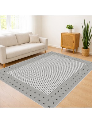 Gri Zeminli Minimal Nokta Desenli Salon Halısı Yıkanabilir Antialerjik Kaymaz Tabanlı - RVG1047