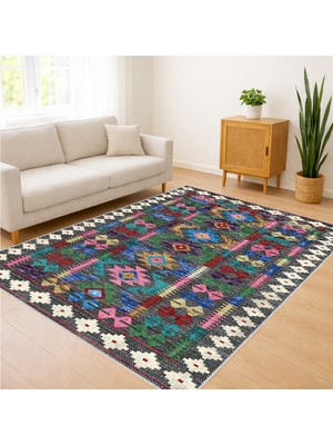 Renkli Etnik Motifli Salon Halısı Toz Tutmaz Kaymaz Tabanlı Enerjik Yaşam Alanları Için - FNL-433