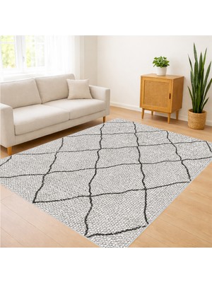 Açık Gri Zeminli Etnik Çizgili Salon Halısı Yıkanabilir Kaymaz Tabanlı Ferah Görünüm - SM-624