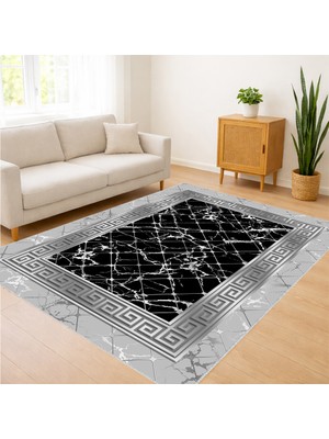 Siyah Zeminli Beyaz Mermer Efektli Salon Halısı Yıkanabilir Toz Tutmaz Kaymaz Tabanlı - Sm-38