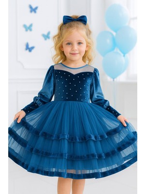 Treemass Kız Çocuk Kadife ve Tülden Elbise Zarif Tasarımıyla Özel Günler Için Ideal
