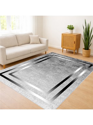 Gri Zeminli Modern Çizgisel Desenli Salon Halısı Antialerjik Kaymaz Tabanlı - SM-334