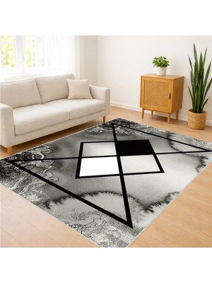 Siyah Zeminli Geometrik Çizgili Modern Salon Halısı Yıkanabilir Toz Tutmaz Kaymaz Tabanlı - SM-169