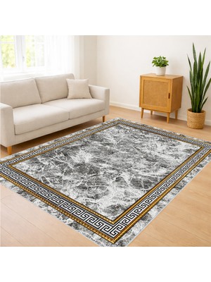 Gri ve Altın Tonlarda Çerçeveli Klasik Salon Halısı Yıkanabilir Antialerjik Kaymaz Tabanlı - FNL-464