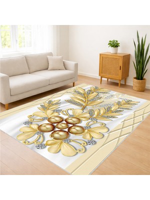 Krem Zeminli Altın Çiçek Motifli Salon Halısı Antialerjik Kaymaz Tabanlı Zarif Tasarım - SM-241