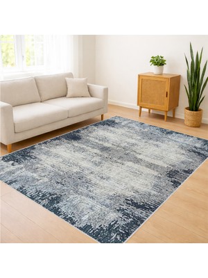 Mavi ve Gri Tonlarda Eskitme Dokulu Salon Halısı Antialerjik Kaymaz Tabanlı Ferah Görünüm - SM-515