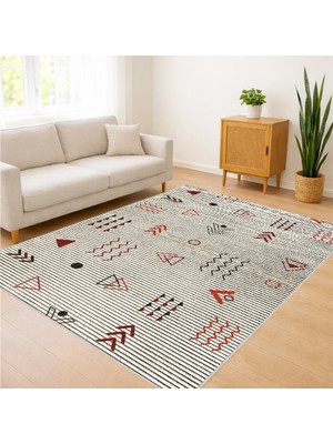 Açık Gri Zeminli Etnik Sembollü Salon Halısı Antialerjik Kaymaz Tabanlı Sade Dekorasyon - SD-1150