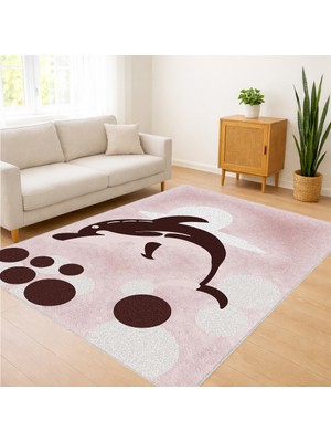 Pembe Zeminli Pati Desenli Salon Halısı Yıkanabilir Toz Tutmaz Kaymaz Tabanlı Sevimli Stil - SM-240