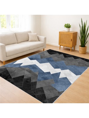 Mavi ve Gri Tonlarda Zigzag Desenli Salon Halısı Yıkanabilir Antialerjik Kaymaz Tabanlı - SD-764