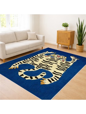 Lacivert Zeminli Altın Aslan Figürlü Salon Halısı Yıkanabilir Kaymaz Tabanlı Iddialı ve Lüks Stil - SM-693