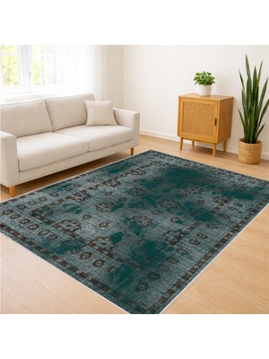 Turkuaz ve Gri Tonlarda Modern Desenli Salon Halısı Yıkanabilir Toz Tutmaz Kaymaz Tabanlı - SM-100