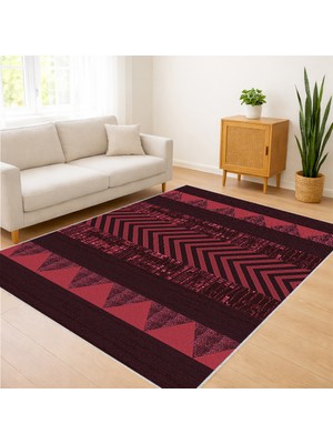 Bordo ve Siyah Tonlarda Zigzag Desenli Salon Halısı Yıkanabilir Antialerjik Kaymaz Tabanlı - SD-852