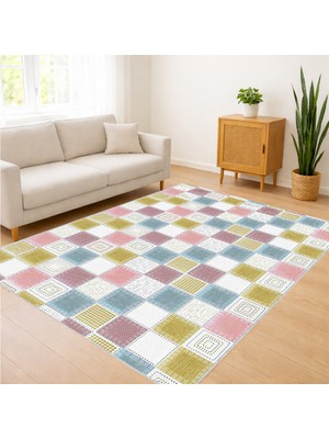Pastel Tonlarda Kare Desenli Salon Halısı Yıkanabilir Toz Tutmaz Kaymaz Tabanlı Ferah Kullanım - SM-138