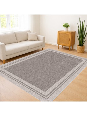 Gri Zeminli Çerçeveli Klasik Salon Halısı Yıkanabilir Leke Tutmaz Kaymaz Tabanlı - FNL-348