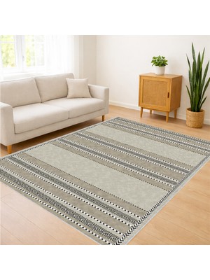Bej Zeminli Çizgili Modern Salon Halısı Yıkanabilir Toz Tutmaz Kaymaz Tabanlı - SM-167