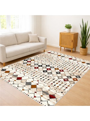 Krem Zeminli Renkli Geometrik Motifli Salon Halısı Antialerjik Kaymaz Tabanlı Enerjik Dekorasyon - SM-692