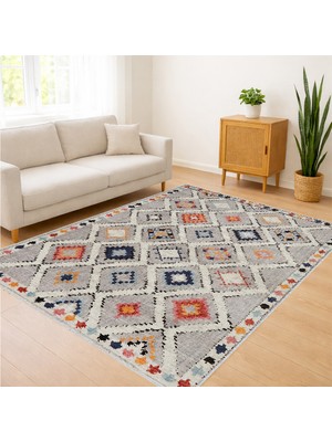 Renkli Geometrik Etnik Desenli Salon Halısı Yıkanabilir Toz Tutmaz Kaymaz Tabanlı - SM-325