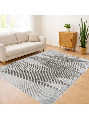 Gri ve Bej Tonlarda Çapraz Çizgili Modern Salon Halısı Antialerjik Kaymaz Tabanlı Sade ve Şık Kullanım - FNL-384