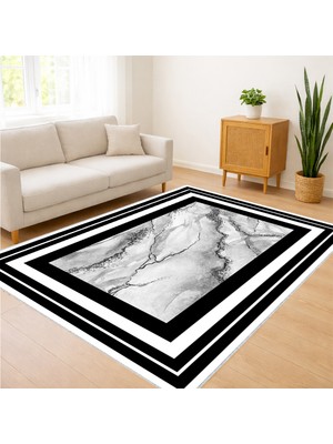 Beyaz Zeminli Siyah Çerçeveli Mermer Efektli Salon Halısı Antialerjik Kaymaz Tabanlı - SM-155