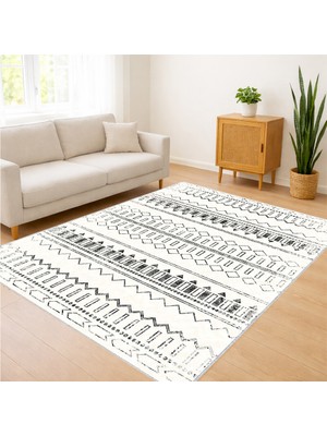 Beyaz Zeminli Etnik Yazı Desenli Salon Halısı Yıkanabilir Toz Tutmaz Kaymaz Tabanlı - SD-1171