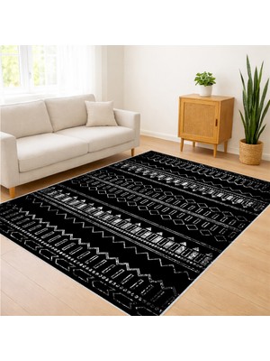 Siyah Zeminli Etnik Çizgisel Desenli Salon Halısı Antialerjik Kaymaz Tabanlı Güçlü Görünüm - SD-1172