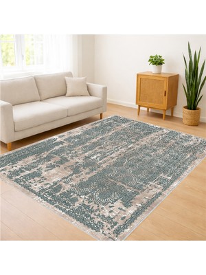 Yeşil Tonlarda Eskitme Görünümlü Salon Halısı Yıkanabilir Antialerjik Kaymaz Tabanlı - FNL-430