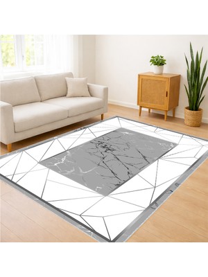 Beyaz Zeminli Siyah Geometrik Çerçeveli Salon Halısı Antialerjik Kaymaz Tabanlı Sade Şıklık - SD-1187