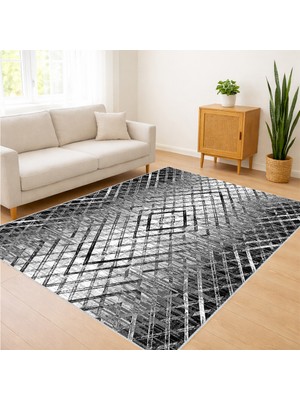 Gri Zeminli Baklava Desenli Modern Salon Halısı Yıkanabilir Toz Tutmaz Kaymaz Tabanlı - Sm-01