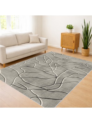 Gri Zeminli Doğal Çizgisel Desenli Salon Halısı Toz Tutmaz Kaymaz Tabanlı Modern Dokunuş - FNL-369
