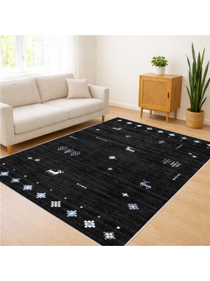 Siyah Zeminli Minimal Desenli Salon Halısı Yıkanabilir Antialerjik Kaymaz Tabanlı - SD-1057