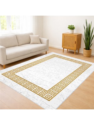 Beyaz Zeminli Altın Bordürlü Salon Halısı Toz Tutmaz Kaymaz Tabanlı Zarif Dekorasyon - SD-1077