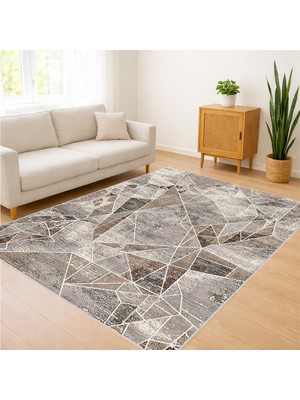 Bej ve Gri Tonlarda Taş Desenli Salon Halısı Antialerjik Kaymaz Tabanlı Doğal Görünüm - FNL-302
