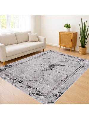 Gri Zeminli Mermer Efektli Salon Halısı Antialerjik Kaymaz Tabanlı Modern Dokunuş - SM-178