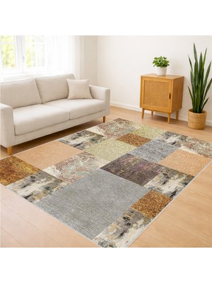 Bej ve Gri Tonlarda Patchwork Desenli Salon Halısı Yıkanabilir Toz Tutmaz Kaymaz Tabanlı - SD-1149