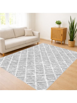 Açık Gri Zeminli Ince Çizgili Salon Halısı Yıkanabilir Kaymaz Tabanlı Ferah Stil - SM-442