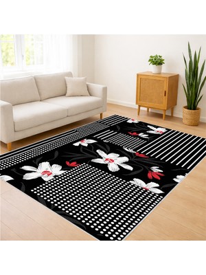 Siyah Zeminli Çiçek Detaylı Modern Salon Halısı Yıkanabilir Toz Tutmaz Kaymaz Tabanlı - SM-270