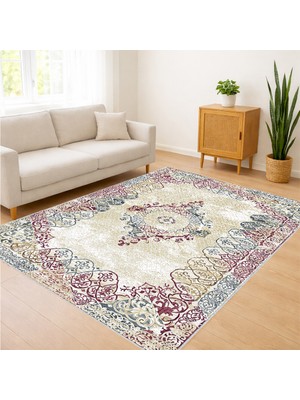Pastel Tonlarda Klasik Desenli Salon Halısı Yıkanabilir Antialerjik Kaymaz Tabanlı - RVG8137