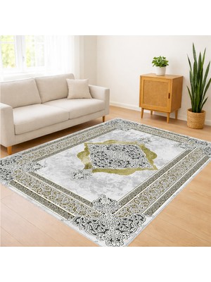 Açık Gri Zeminli Klasik Çerçeveli Salon Halısı Yıkanabilir Antialerjik Kaymaz Tabanlı - FNL-418