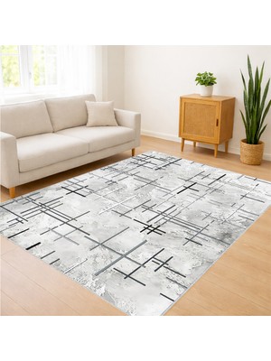 Beyaz Zeminli Ince Çizgili Modern Salon Halısı Yıkanabilir Kaymaz Tabanlı Ferah Stil - SM-581