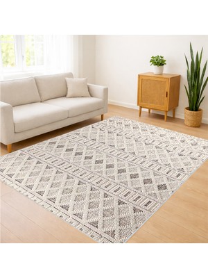 Bej Tonlarda Geometrik Dokulu Salon Halısı Yıkanabilir Toz Tutmaz Kaymaz Tabanlı Ferah Kullanım - RVG0534