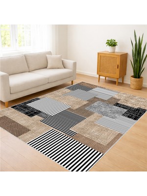 Bej ve Gri Tonlarda Modern Blok Desenli Salon Halısı Yıkanabilir Antialerjik Kaymaz Tabanlı - FNL-440