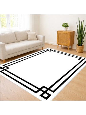 Beyaz Zeminli Siyah Çerçeveli Sade Salon Halısı Antialerjik Kaymaz Tabanlı Net Görünüm - SM-153