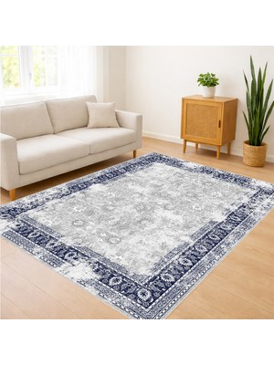 Lacivert Çerçeveli Klasik Desenli Salon Halısı Toz Tutmaz Kaymaz Tabanlı Zamansız Stil - FNL-429