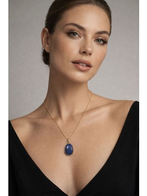 Solare Accessories Lapis Lazuli  Doğal Taşlı Faset Kesim Altın Kaplama Kolye