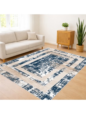 Mavi Tonlarda Çerçeveli Klasik Salon Halısı Toz Tutmaz Kaymaz Tabanlı Ferah Dekorasyon - SD-383