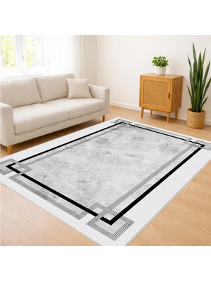 Beyaz Zeminli Siyah Ince Çerçeveli Modern Salon Halısı Yıkanabilir Antialerjik Kaymaz Tabanlı - SD-1128